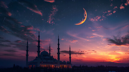 A serene evening scene with a crescent moon and a beautiful mosque in the background, representing Islamic spirituality and cultural tradition.