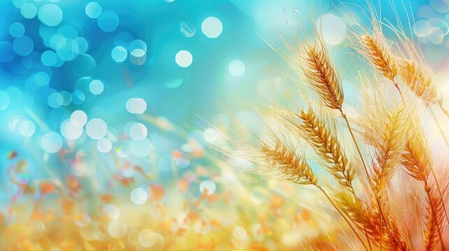 watercolor illustration, horizontal banner, Shavuot, Vaisakhi, Sikh New year, wheat ears on a light background, bokeh effect, pastel shades, copy space, free space for text