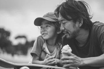 Tuinposter Father and daughter relax on a skateboard and eat ice cream © Dzmitry