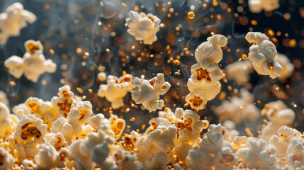 Fototapeta na wymiar Flavorful popcorn kernels exploding in the air, delicious snack.