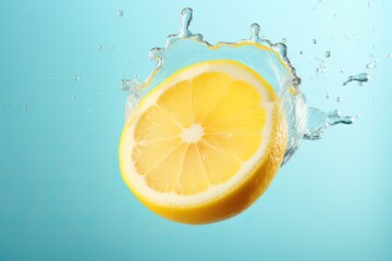 Fresh juicy lemon in splashes of water on a blue background