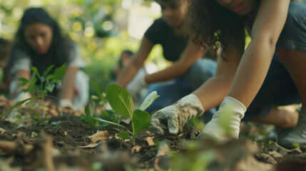 Volunteers participating in a afforestation campaign, environmental conservation concept.