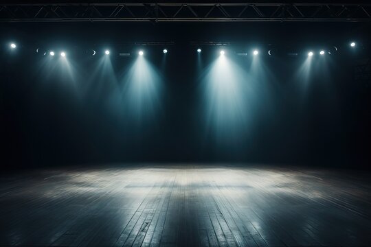 Theater stage with floodlights and seats. The scene of the theater