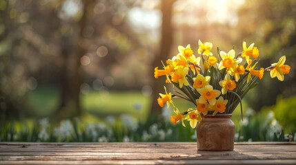 A wooden table with a bouquet of daffodils on springtime meadow background, for product presentation use.