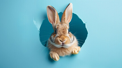 Lovely bunny rabbit pet peeping out from the hole on blue background, Easter holidays concept - obrazy, fototapety, plakaty