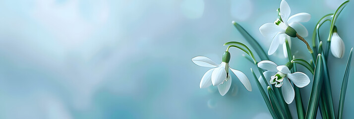 background, banner image with three delicate snowdrops on the left. On the right, space for your text. Colors: crisp white for snowdrops, icy blue for background, and silver for text area - obrazy, fototapety, plakaty