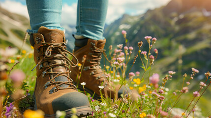 Man Woman Hiking in the Mountain Valley with Green Grass Hills and Wildflowers. Room for Copy and Text