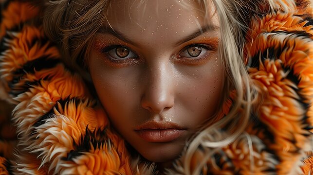 Portrait of Beautiful blonde woman in tiger texture clothes