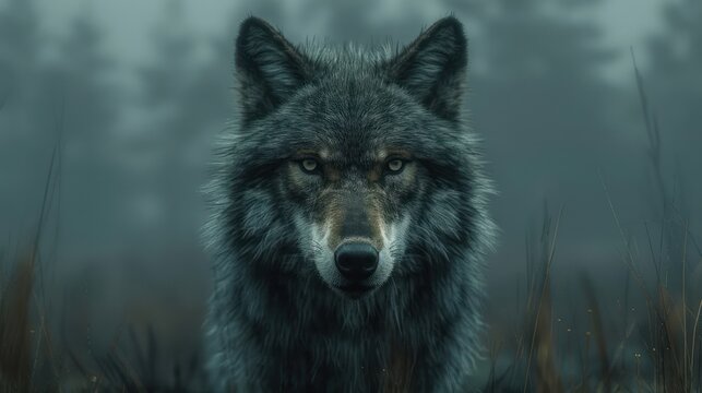 Wolf in a dark mysterious foggy fores