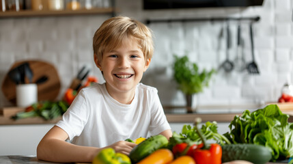 cheerful little boy looking at camera while cooking vegetables in kitchen