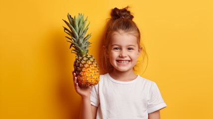 Little girl with a pineapple on a yellow background. Healthy food.