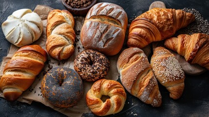 Bread rolls, baguette, bagel, sweet bun and croissant captured