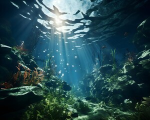 Underwater view of the underwater world with corals and tropical fish.