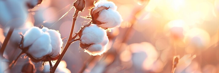 soft white cotton plants in the morning sun with copy space - obrazy, fototapety, plakaty