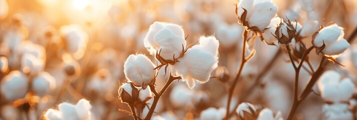 soft white cotton plants in the morning sun - obrazy, fototapety, plakaty