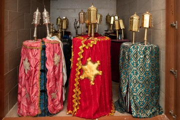 Torah scrolls housed in the holy ark in the sanctuary of the Great Synagogue in Tbilisi, Georgia.