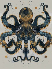 An art piece featuring a central octopus surrounded by various elements, showcasing intricate details and vibrant colors