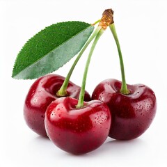 cherry isolated. cherries with leaf isolate. Whole and half of cherry on white. cherries isolate on white background. Side view cherries set