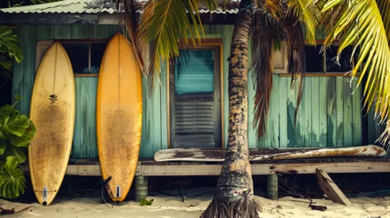 Foto op Canvas Two old surfboards standing next to a weathered beach hut © Paula