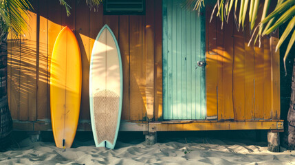 Two surfboards leaning against a rustic wooden shack on a sandy beach