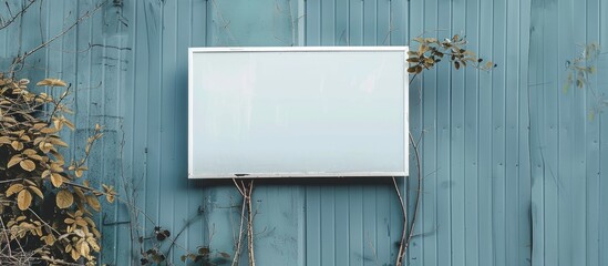 White signboard hanging on the outdoor wall for display, placeholder