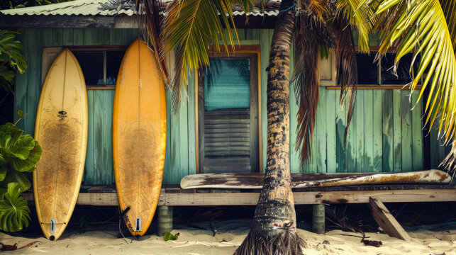 Two old surfboards standing next to a weathered beach hut