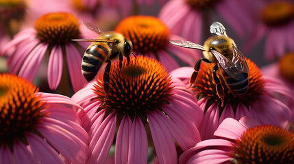 Two honey bees on a purple coneflower in a field of flowers - obrazy, fototapety, plakaty