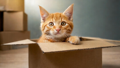 Cute ginger kitten peeking out of a cardboard box with copy space. moving house concept