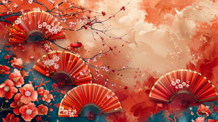 Vibrant red fans and cherry blossom branches on an abstract background
