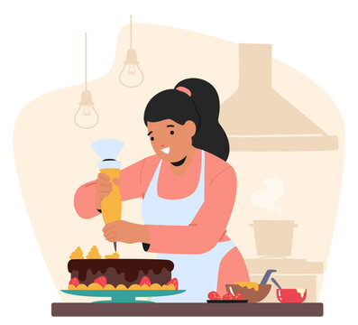Woman Delicately Adorns A Cake In Her Kitchen, Skillfully Applying Vibrant Icing And Intricate Decorations, Vector