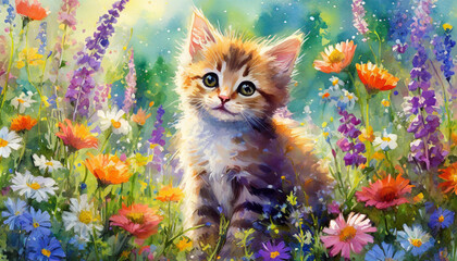 Portret małego kotka pośród polnych kwiatów, ilustracja, tapeta. Generative AI