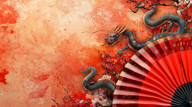 Artistic background with chinese fan with the year of the dragon motif