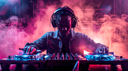 african american DJ with headphones mixing Music at a nightclub party on Colorful Stage Lights and...