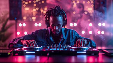 african american DJ playing music with headphones on a Controller at a Vibrant Nightclub Party