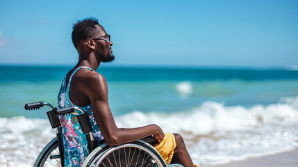 Fototapeta na wymiar disabled black man Man in Wheelchair Enjoying the Serenity of a Beach