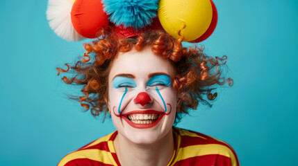 Happy clown with red hair and colorful hat on a blue background