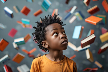 Curious Young African american Boy Looking Up at Flying Colorful Books Against Grey Background