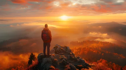 Deurstickers Sporty man on the mountain peak looking on mountain valley with sunbeams at colorful sunset in autumn in Europe. Landscape with traveler, foggy hills, forest in fall, amazing sky and Ai Generated  © Hamid