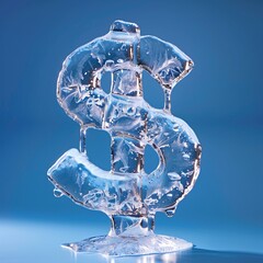 Close-up view of a melting ice sculpture of the dollar sign representing the devaluation of currency during a crisis