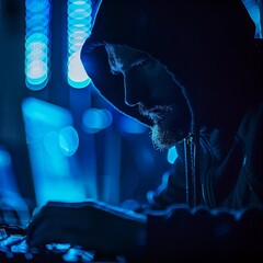 Hacker thwarting cyber-attack in neon-lit lair midnight blue tones - obrazy, fototapety, plakaty