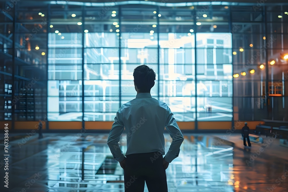 Poster a businessman interacts with a virtual interface panel in a futuristic logistics setting with a larg