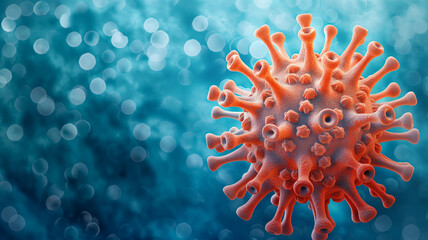A red and orange virus is shown in a blue background