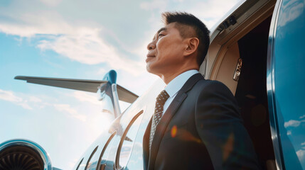 A serious rich Asian businessman gets off a luxury private jet. - obrazy, fototapety, plakaty