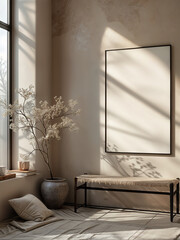 Amazing warm interior mockup for artwork, posters. Minimalism interior with artistic lights and shadows.