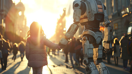A child girl holds the hand of a digital robot walking through a crowded city at sunset.The world of the future.A futuristic picture of the world. The concept of friendship between a robot and a child