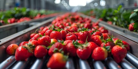 Modern Factory Warehouse Production Industry Logistics: Strawberries on Conveyor Belt. Concept Fresh Produce, Food Manufacturing, Industrial Manufacturing, Warehouse Operations, Conveyor Belt Systems - obrazy, fototapety, plakaty