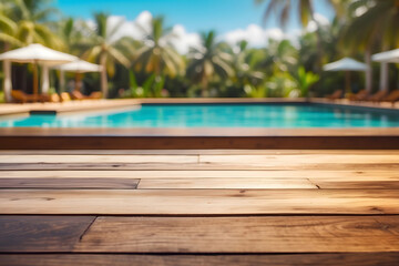 Wooden table pool bokeh background, empty wood desk product display mockup with blurry tropical hotel resort abstract poolside summer travel backdrop advertising presentation. Mock-up, copy space - obrazy, fototapety, plakaty