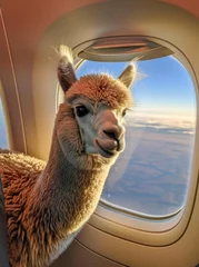 Fotobehang A llama curiously looks out the window of an airplane during flight © pham
