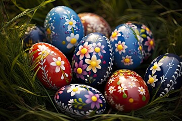 Easter eggs decorated with flowers in the grass - generative ai