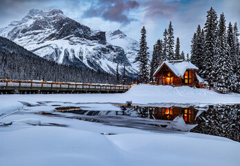 Rocky Mountain Winter Rocky Mountain Winter at Emerald Lake cabin  with frozen lake with lights